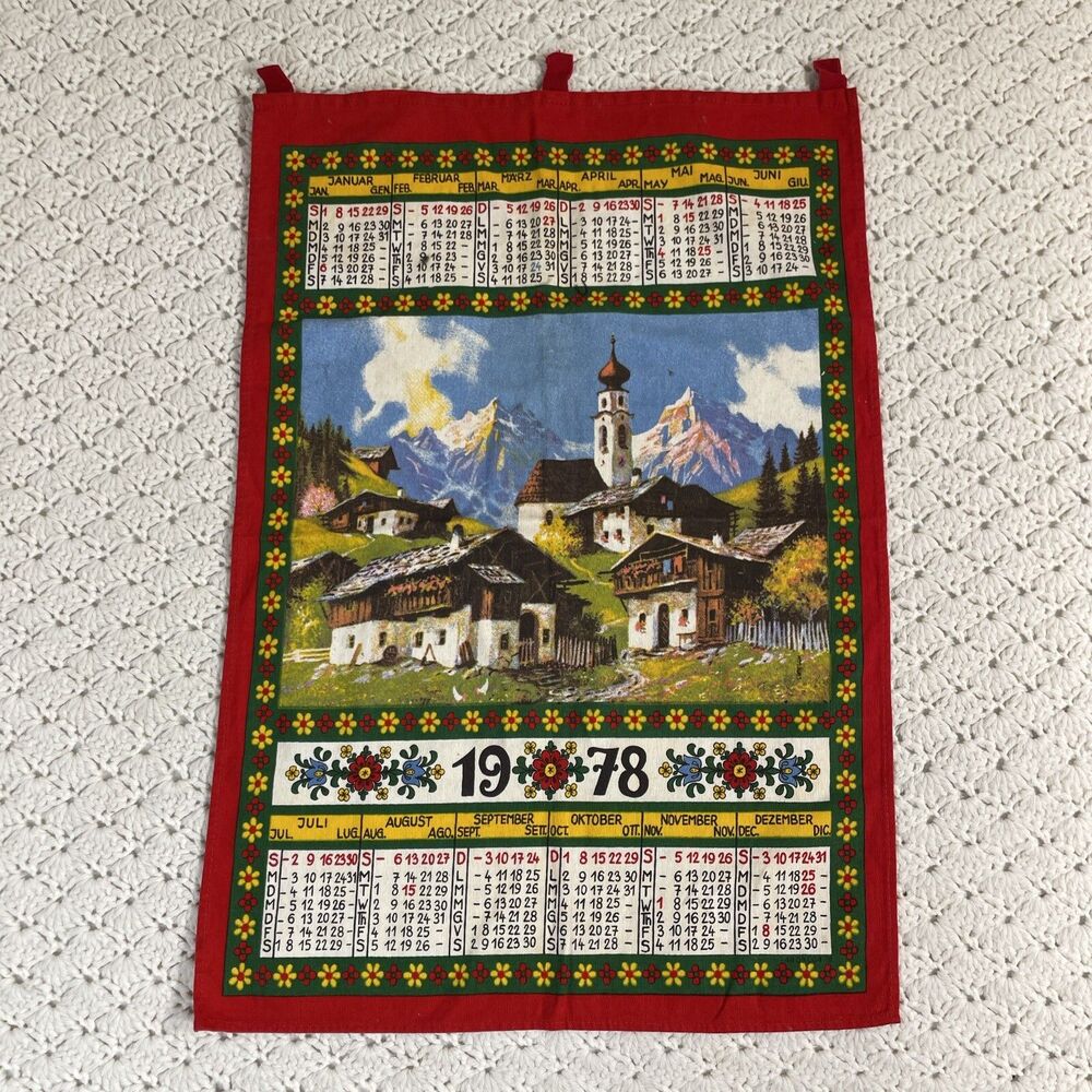 VTG 1978 Linen Tea Towel Calendar Wall Hanging Mountains Chapel Homes 15”x22”